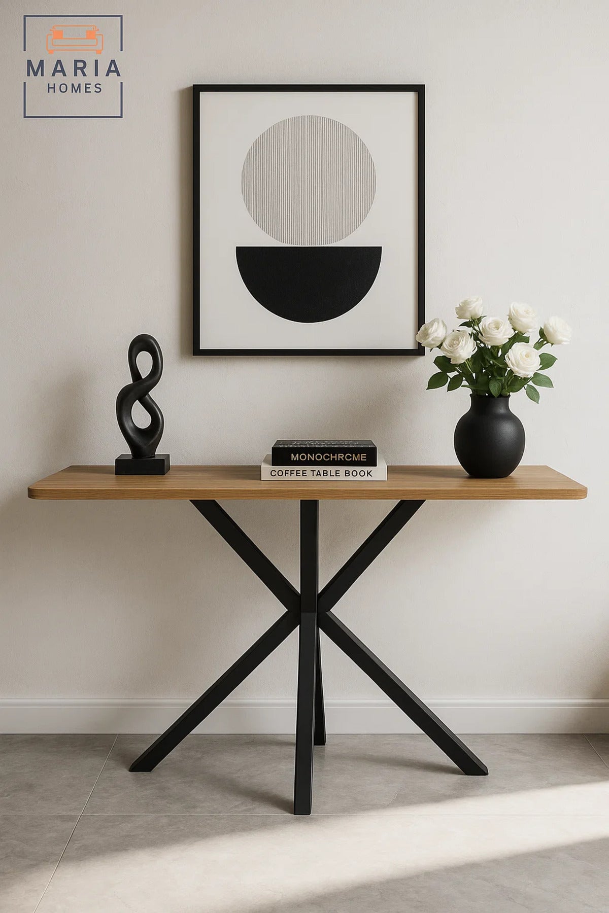 Modern Console Table 120x40x77cm with Black Metal Cross Legs and Wooden Top Ð Sleek Hallway Accent