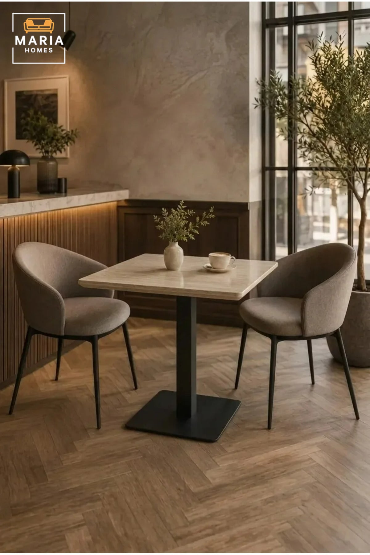 Modern Square Dining Table with Wood Effect Top and Central Pedestal Base, Space-Saving Table for Kitchen, Dining Room, Café, Restaurant and Office