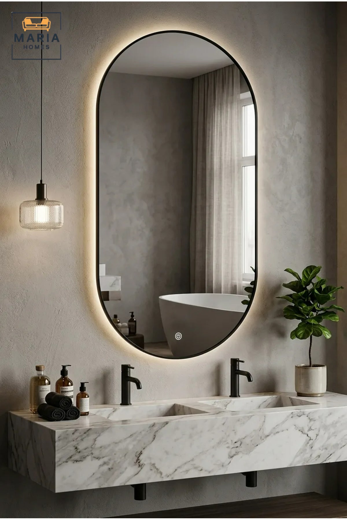 Large Capsule-Shaped LED Wall Mirror with Touch Sensor, Backlit Framed Full-Length Mirror for Bedroom, Dressing Room, Vanity and Hallway