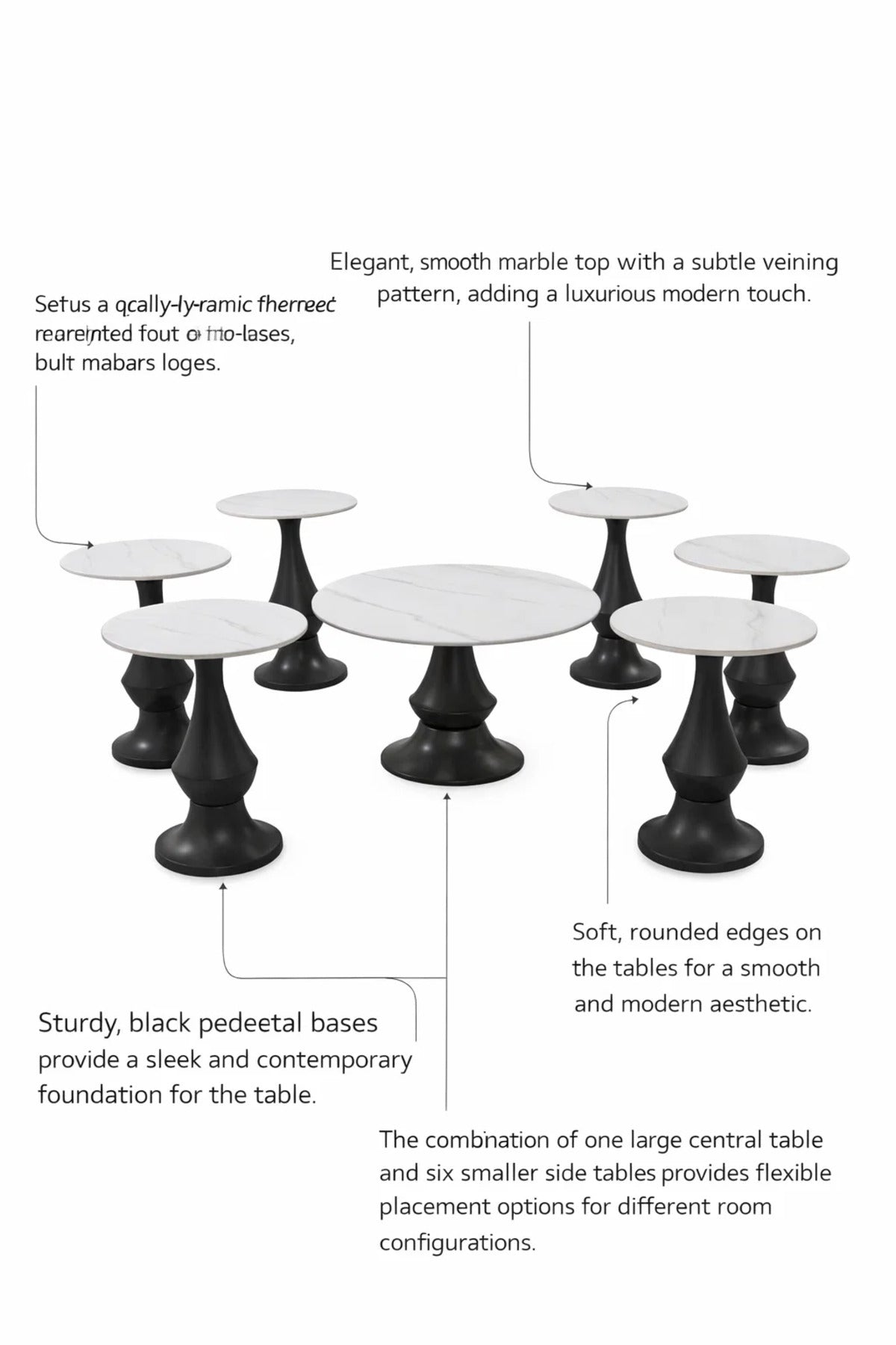 Premium 1+6 Console Table Set Ceramic Top Wood Base Round Center and Side Tables Living Room