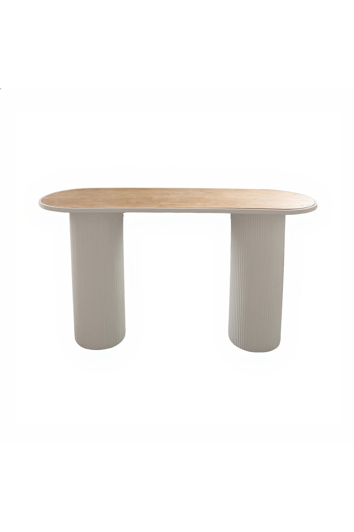 Modern Oval Console Table Beige Ribbed Pillar Legs Natural Wood Top Entryway Living Room 120cm