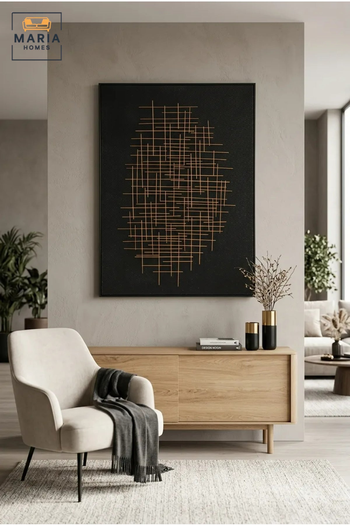 Modern Abstract Wall Art with Slim Black Frame, Gold Linear Geometric Design on Black Canvas for Living Room, Bedroom, Hallway and Office Décor