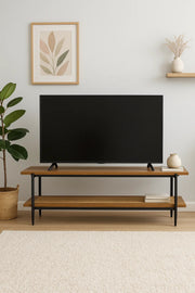 Modern Brown TV Stand with Rattan Shelf Ð 160x40x50 cm Two-Tier Wooden Media Console