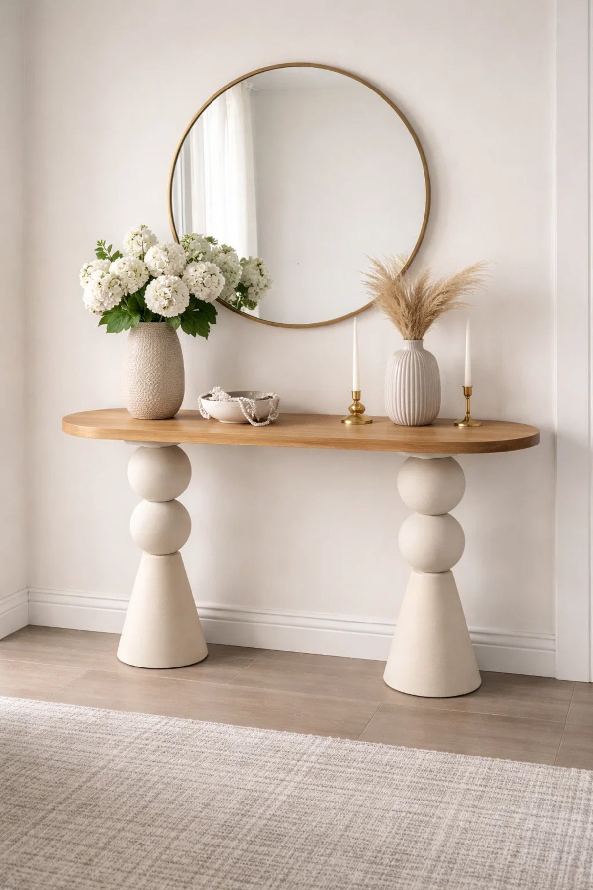 Sculptural Beige and Wood Console Table Modern Entryway Furniture for Hallway Living Room Decor