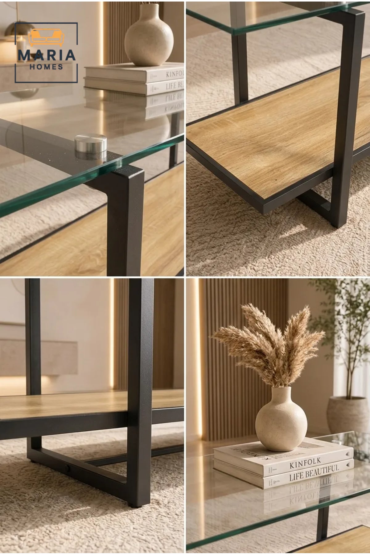 Modern Glass TV Unit 160 _ 40 _ 45 cm √ê Tempered Glass Entertainment Center with Wooden Shelf and Metal Frame