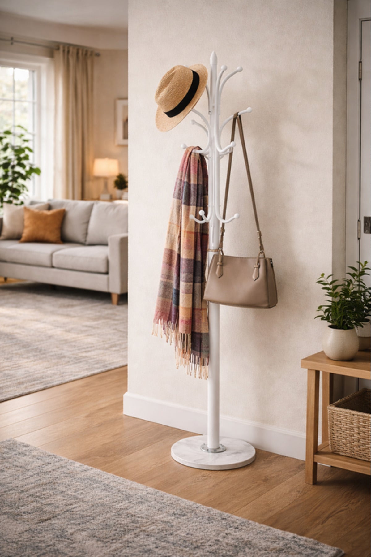 Premium White Floor Coat Hanger Stand - Sturdy Metal Hall Tree Organizer for Entryway Bedroom Office