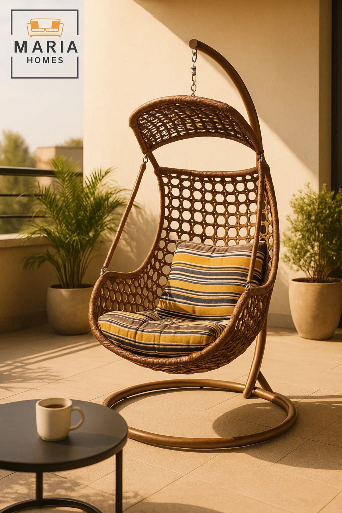 Rattan Hanging Swing Chair with Stand and Canopy for Indoor Outdoor Garden Patio Balcony