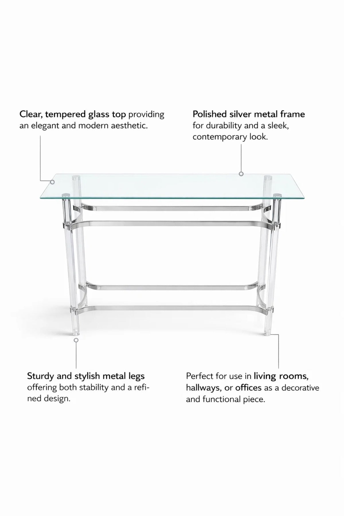 Modern Silver Chrome Acrylic Console Table Glass Top for Entryway Hallway Living Room Accent Decor