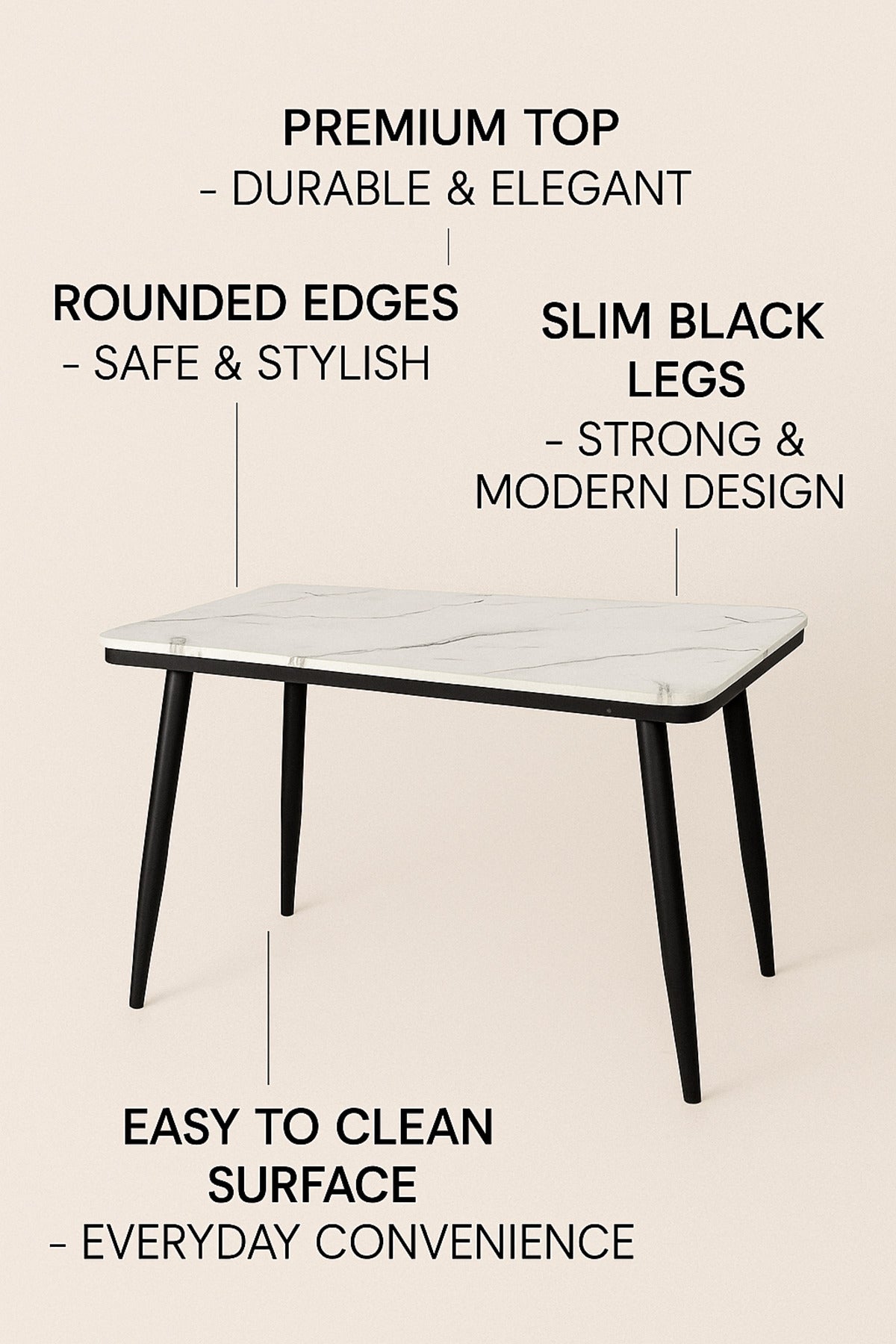 Rectangular Dining Table with White Marble-Effect Top & Black Legs Ð 120_70_76 cm