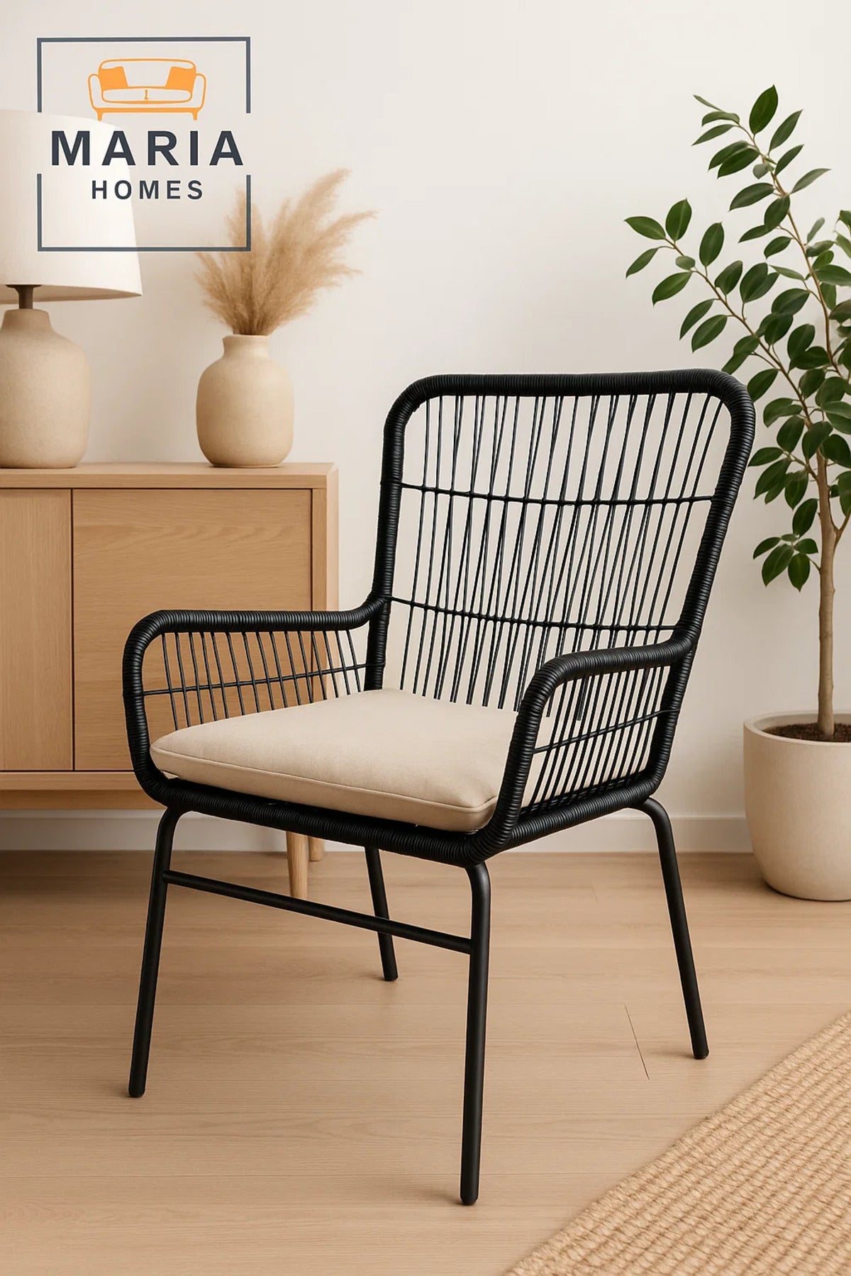 Black Rattan Lounge Chair with Soft Beige Cushion Ð Indoor Outdoor Seating with Metal Frame Design