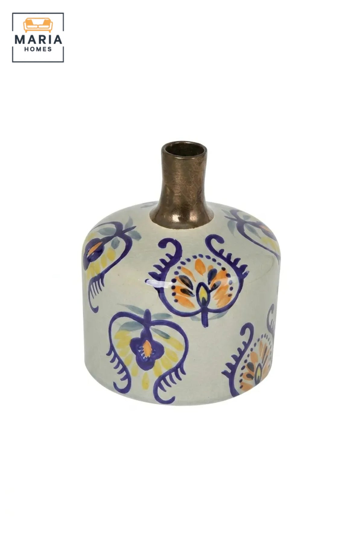 Multicolour Floral Decorative Vase, Modern Ceramic Flower Holder with Narrow Metallic Neck for Living Room, Bedroom, Office, Shelf and Table Décor