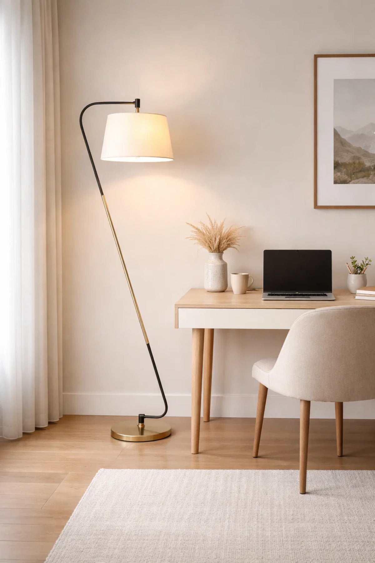 Modern Tilted Floor Lamp with Fabric Shade and Metal Base for Living Room