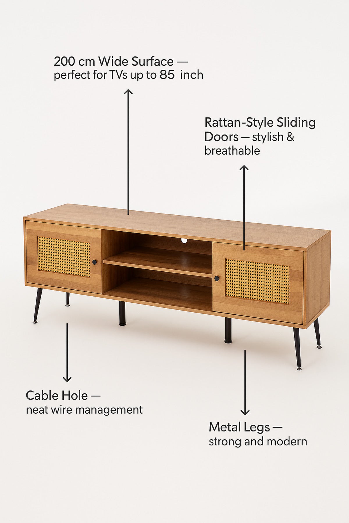 Brown Wooden TV Stand with Rattan Doors | Modern TV Cabinet with Shelves & Storage | 200_40_50 cm