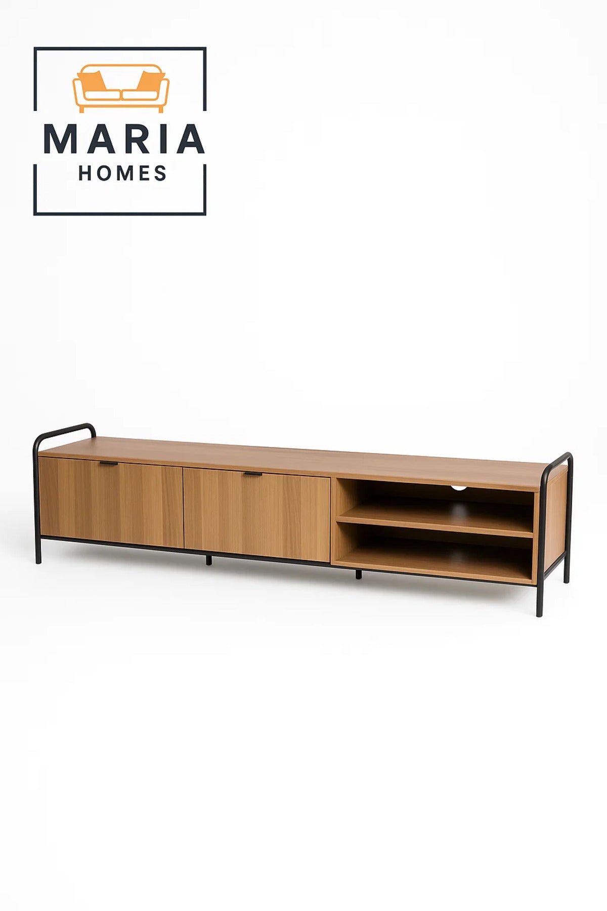 Light Wood TV Stand with Metal Frame and Dual Open Shelves-size 160cm