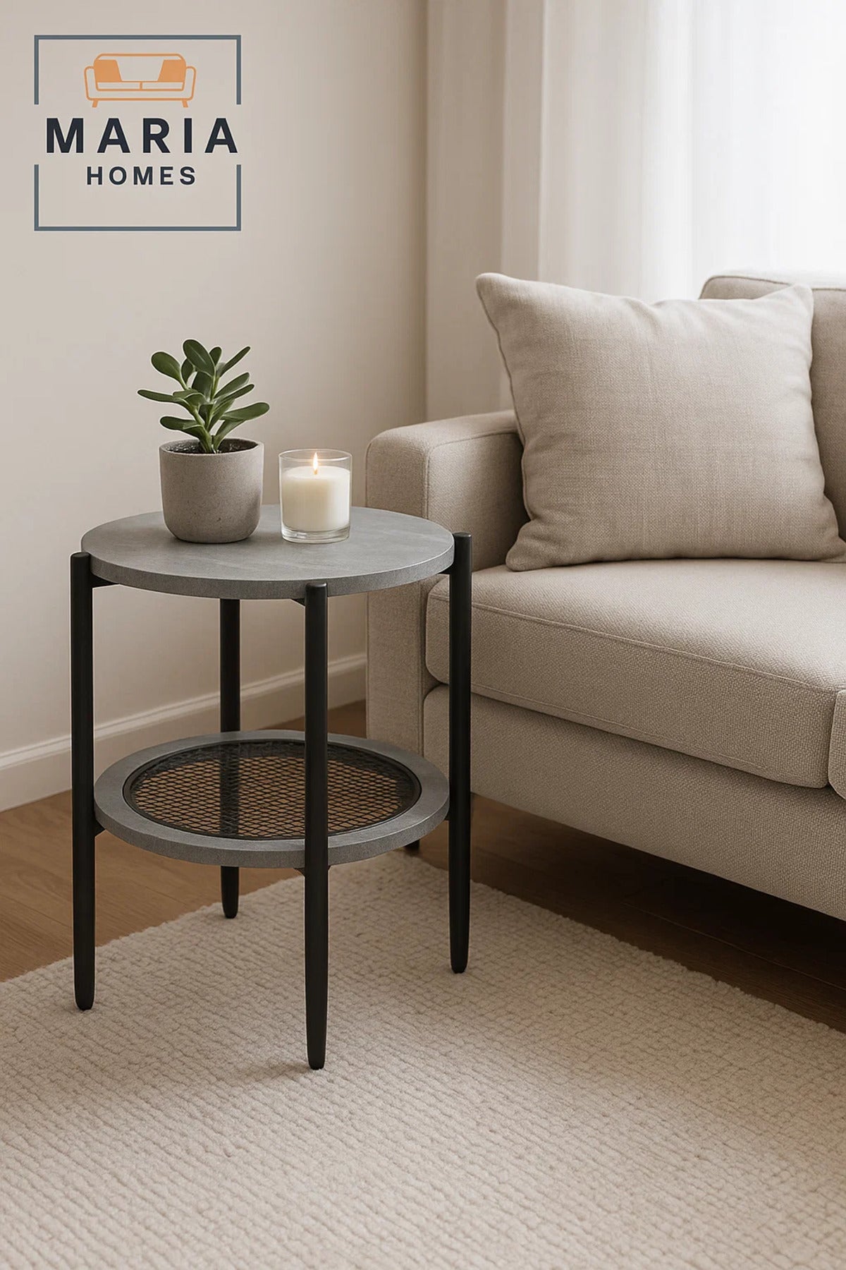 Modern Grey Side Table √ê Round Coffee Table with Storage Shelf 45_45_55 cm