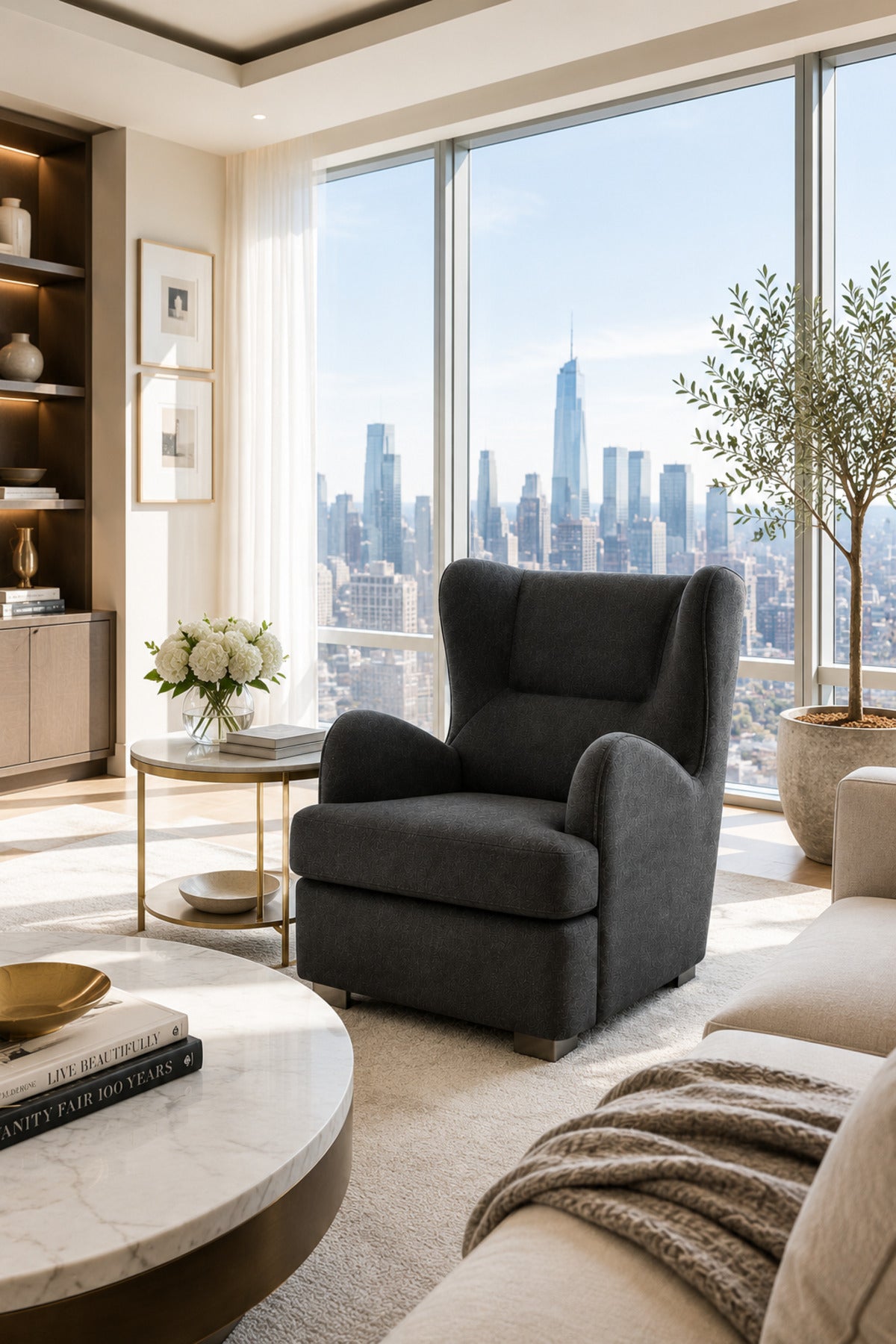 Modern Dark Grey Wingback Accent Chair Ð Luxury Upholstered Lounge for Living Room &