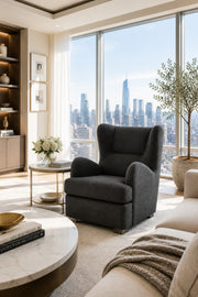 Modern Dark Grey Wingback Accent Chair Ð Luxury Upholstered Lounge for Living Room &