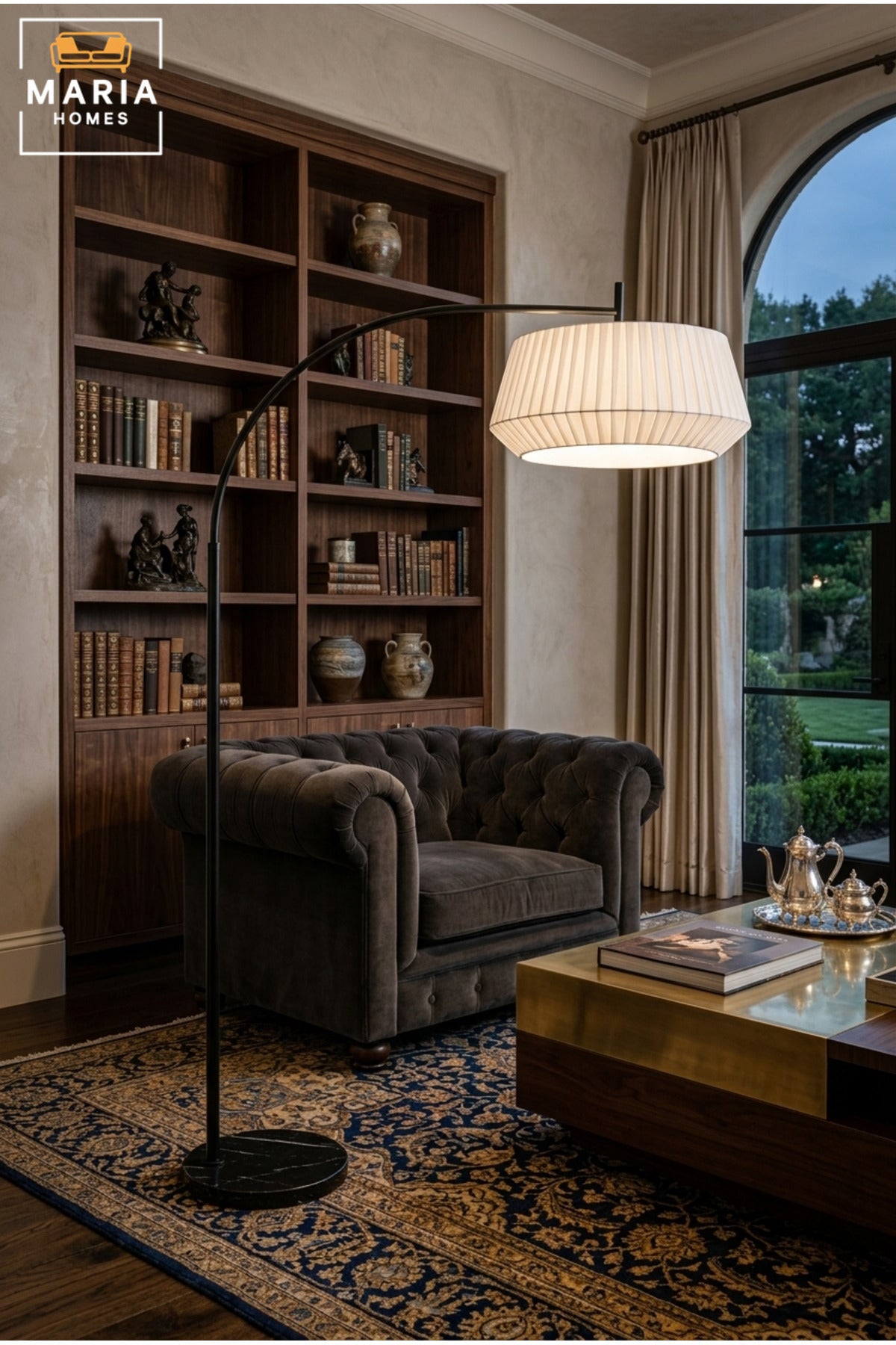 Modern Arc Floor Lamp with Curved Overhanging Arm, Pleated Fabric Shade and Round Base Standing Light for Living Room Bedroom Office and Reading Corner