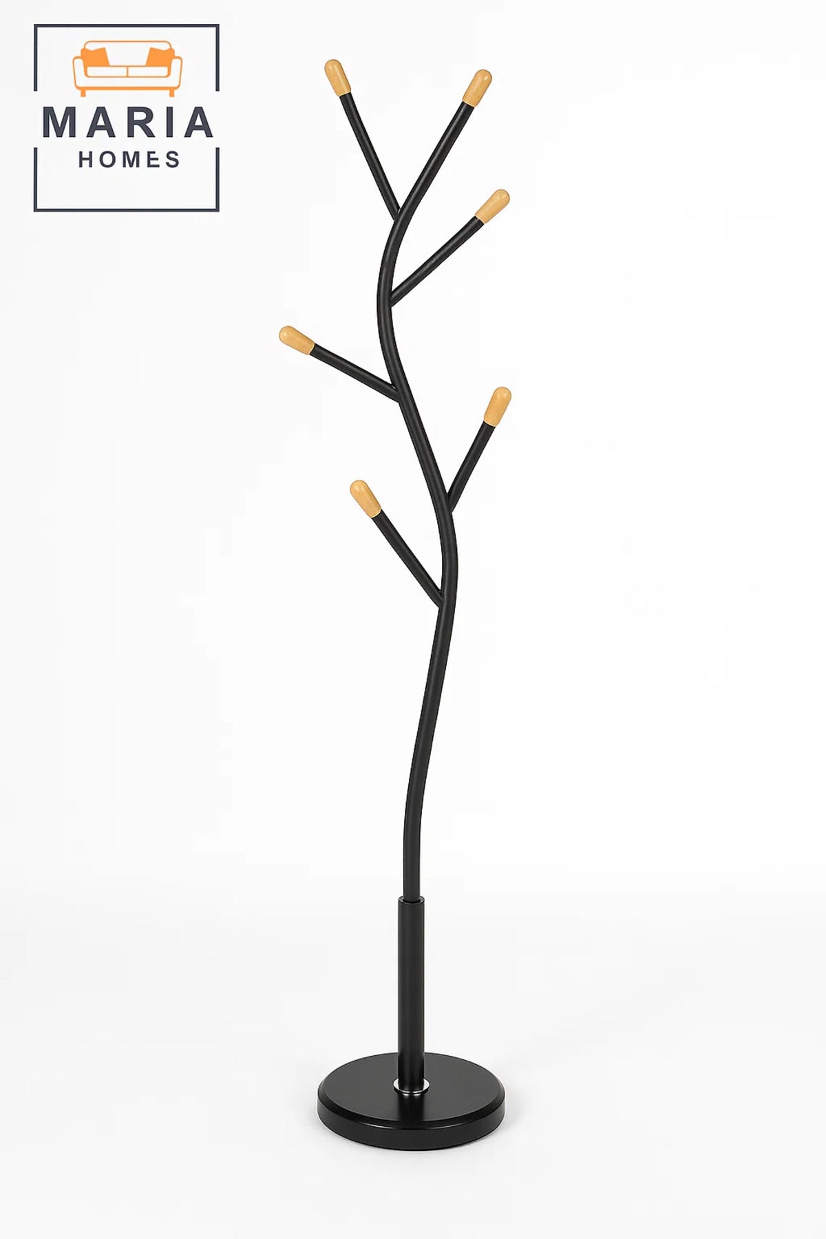 Black Tree-Shaped Metal Coat Rack with Wooden Hook Tips