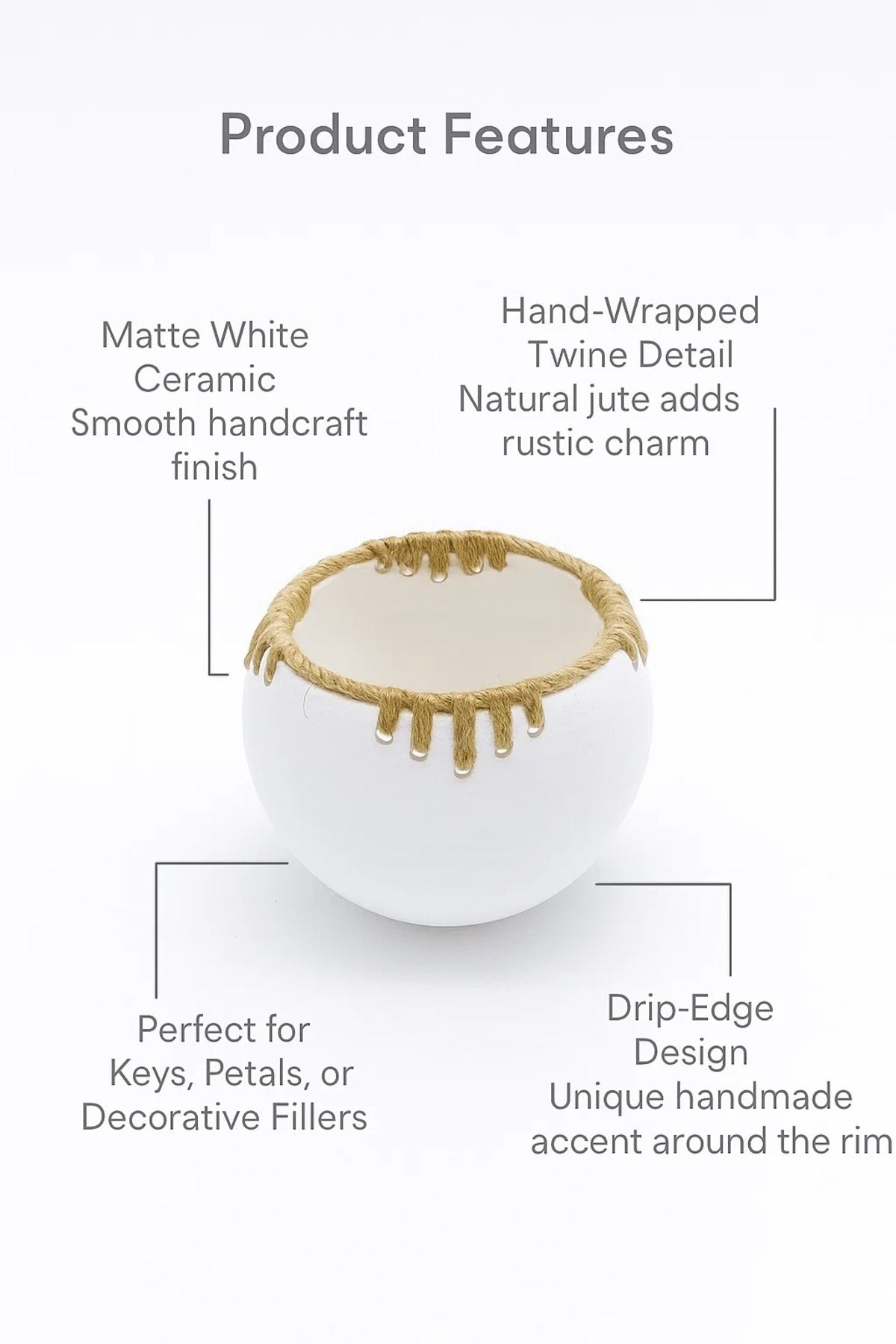 White Ceramic Rope Accent Bowl Planter – Modern Decorative Pot