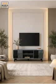 Modern TV Stand Media Console Entertainment Center with Storage Shelves Wooden TV Unit Grey