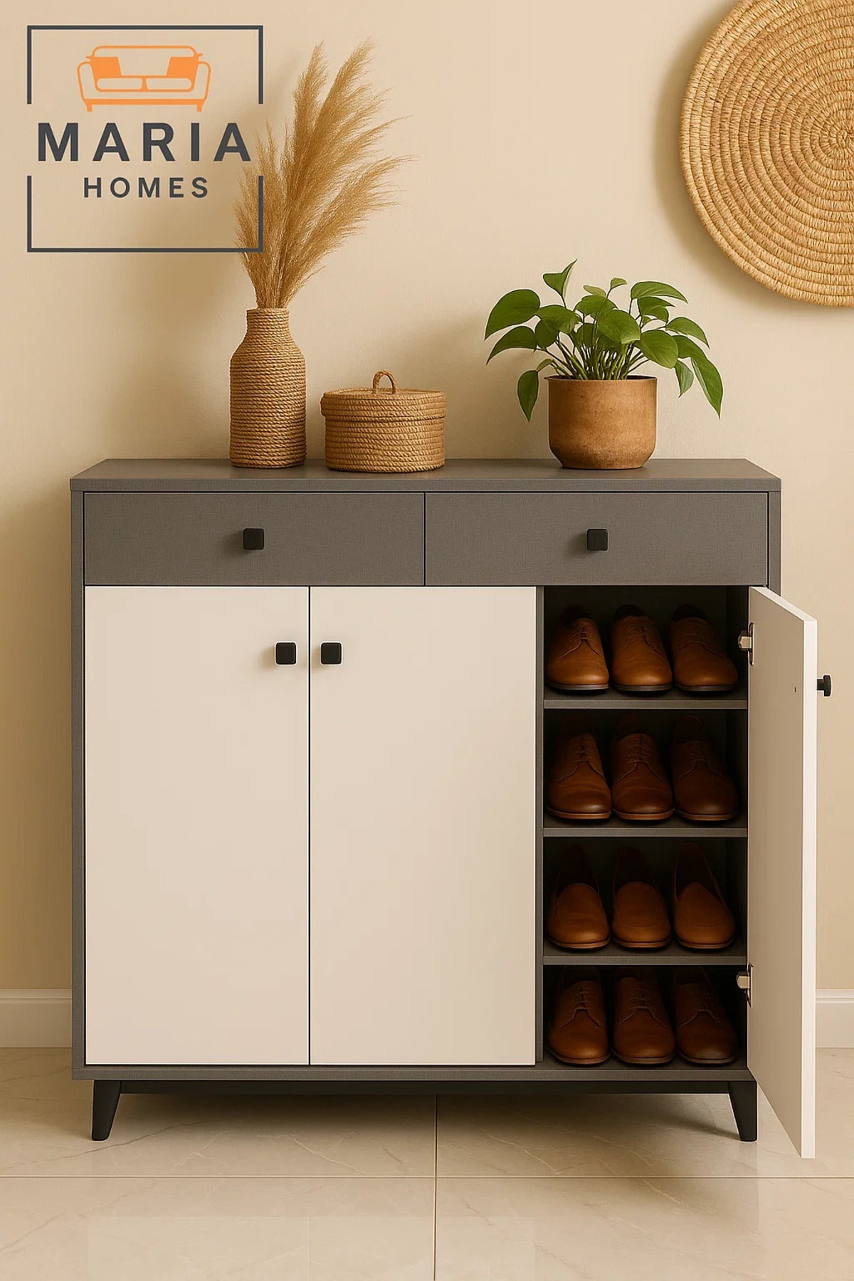 Modern White and Grey Shoe Rack Cabinet with Drawers Ð Stylish Entryway Storage Organizer