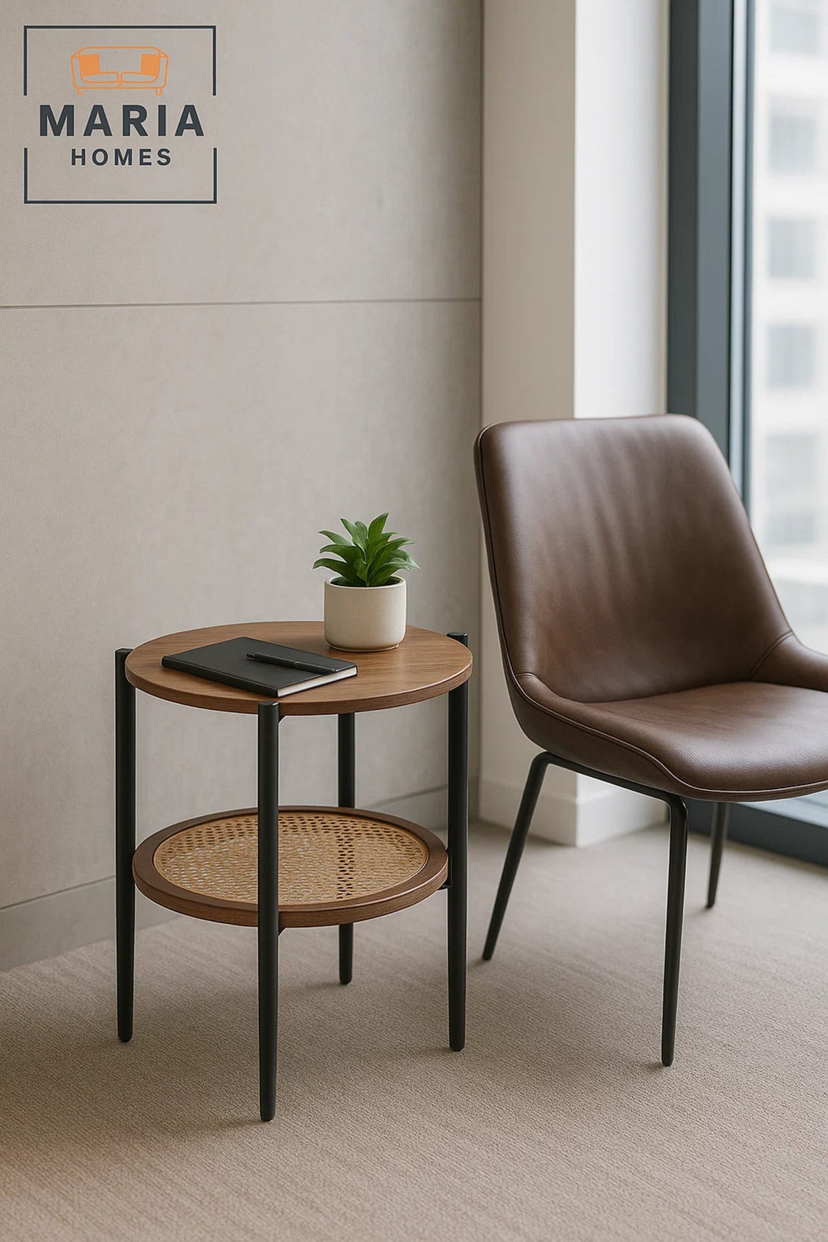 Modern Brown Side Table √ê Round Coffee Table with Rattan Storage Shelf 45_45_55 cm