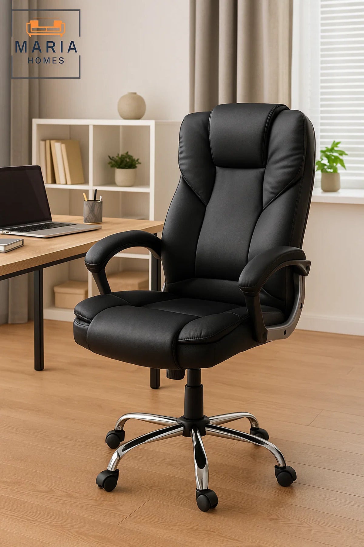 Black Executive Office Chair with High Backrest and Cushioned Support for Home or Office Comfort
