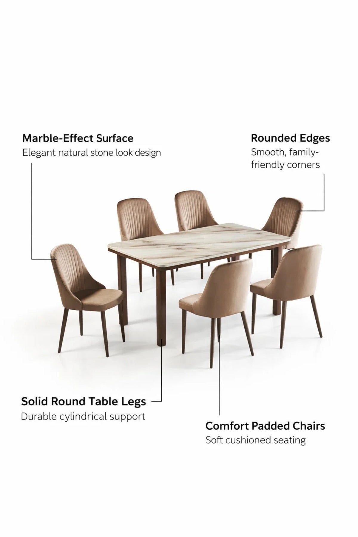 Elegant 6-Person Dining Room Set with Marble Pattern Table and Upholstered Velvet Chairs Brown