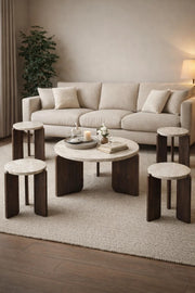 Luxury 5-Piece Round Center Table Set Cream Marble Top Dark Wood Legs Modern Living Room Decor
