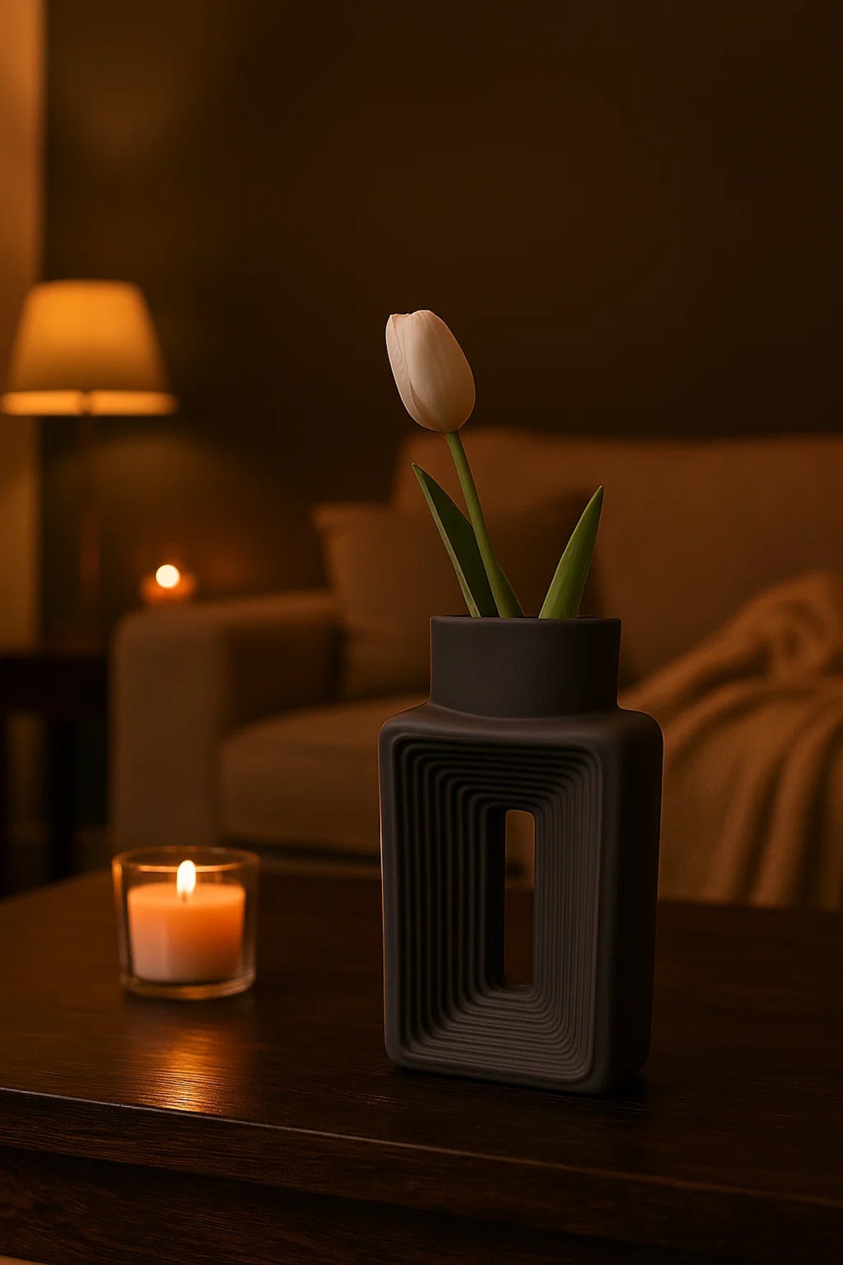 Matte Gray Geometric Ceramic Vase Ð Modern Rectangular Decorative Flower Pot with Cut-Out Design