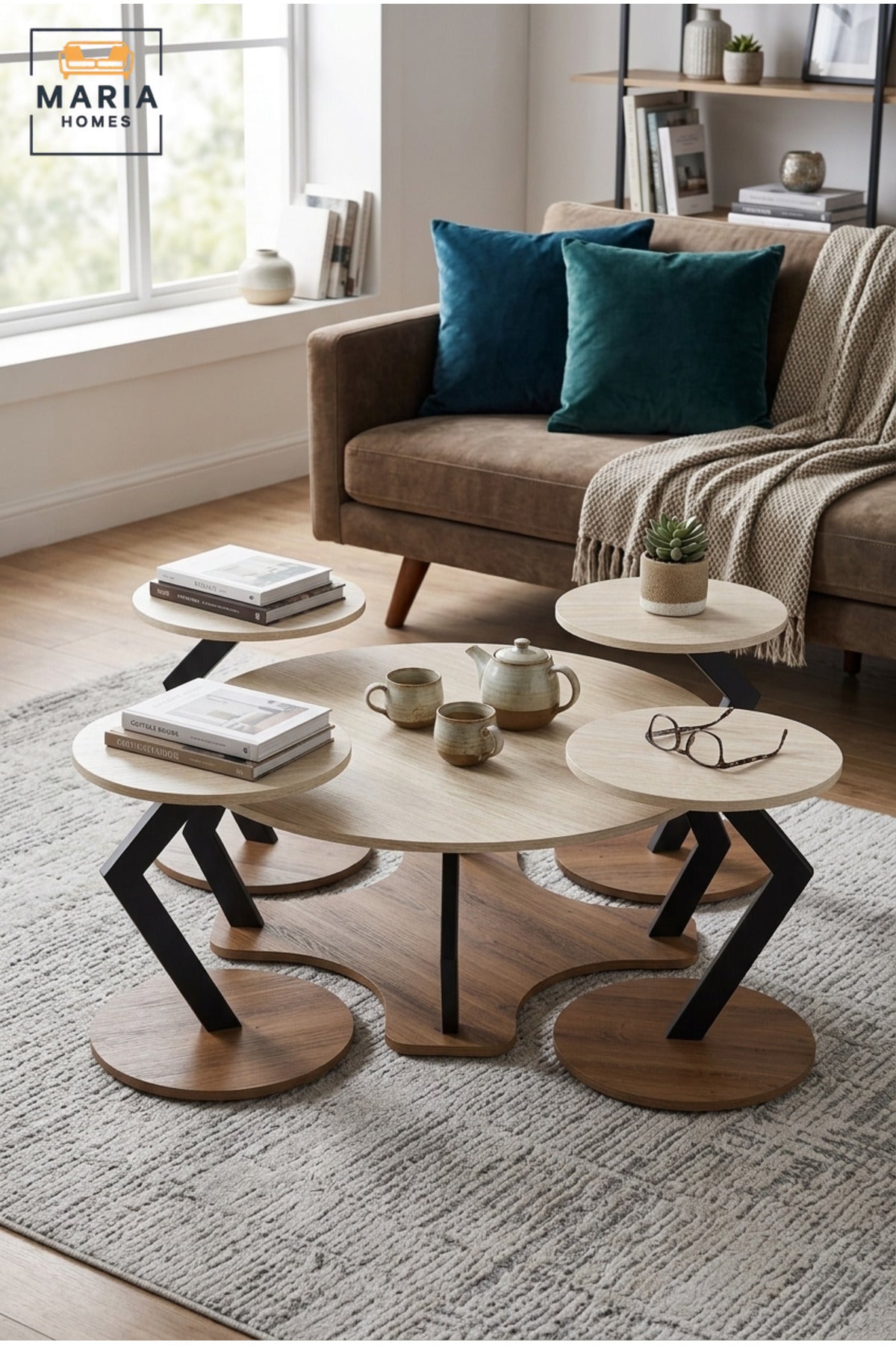 Modern Round Center Table Set of 5 Pieces with 1 Large Center Table & 4 Small Side Tables, Space Saving Coffee Table Set for Living Room Lounge, Large 90 x 45 CM, Small 40 x 55 CM