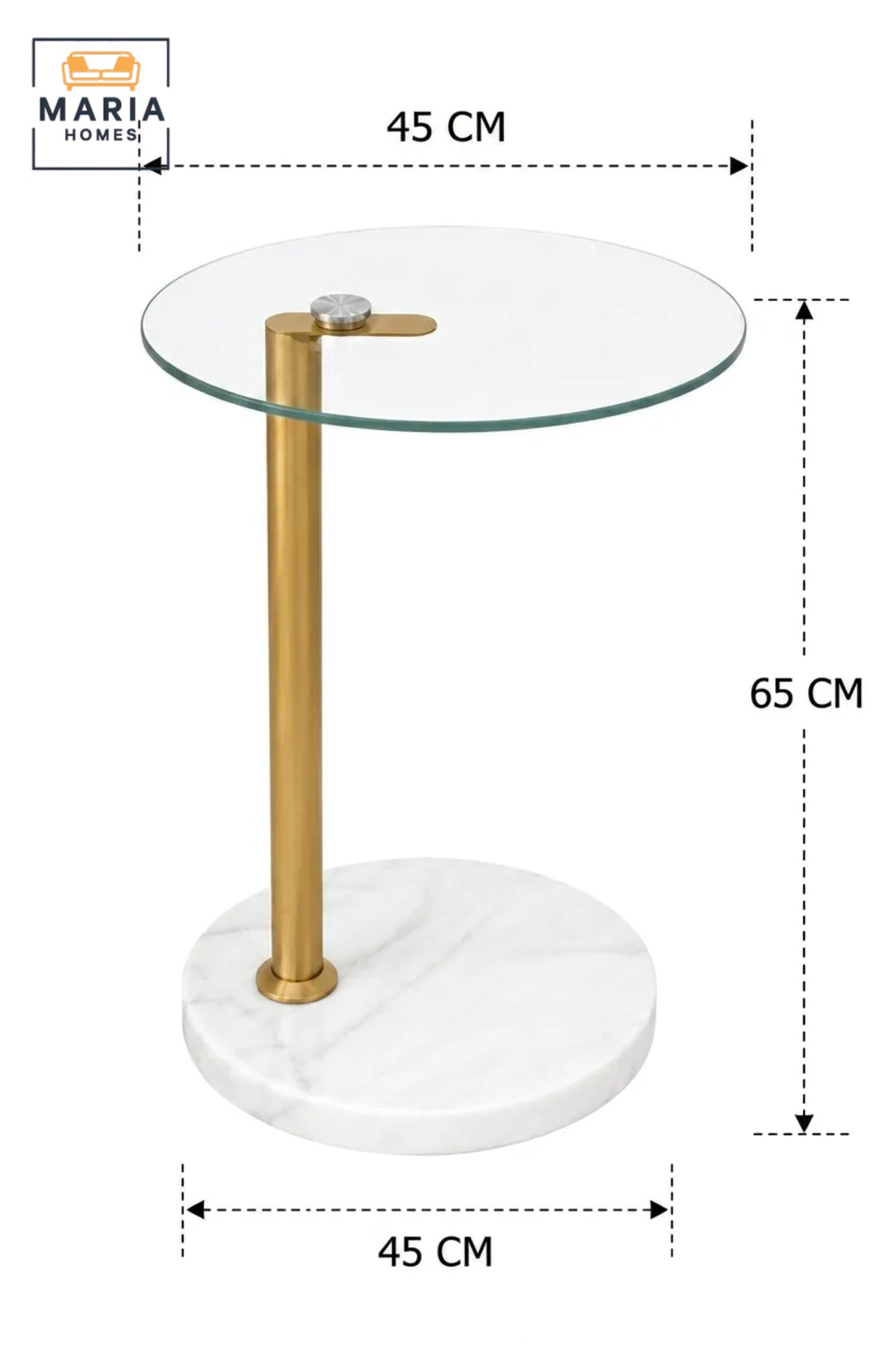 Modern Glass Side Table with White Marble Base √ê Round Tempered Glass Accent Table with Gold Metal Frame for Living Room, Bedroom & Luxury Interiors