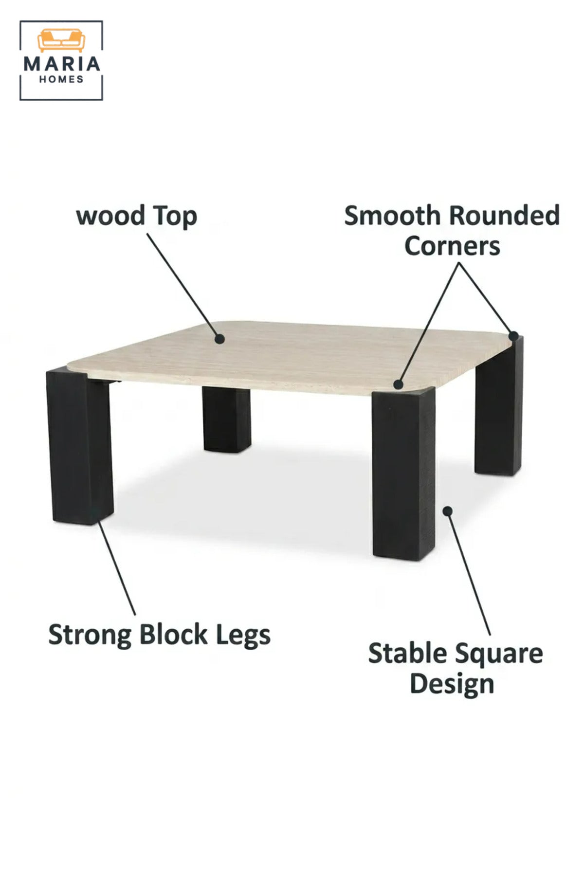 Modern Square Coffee Table with Wood-Effect Top and Chunky Four-Leg Base, Contemporary Center Table for Living Room, Lounge, Apartment and Office