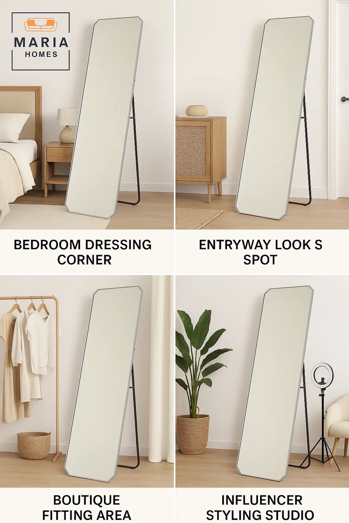 Modern Silver Full-Length Mirror with Angled Corners Ð 160x40cm Freestanding Dressing Mirror