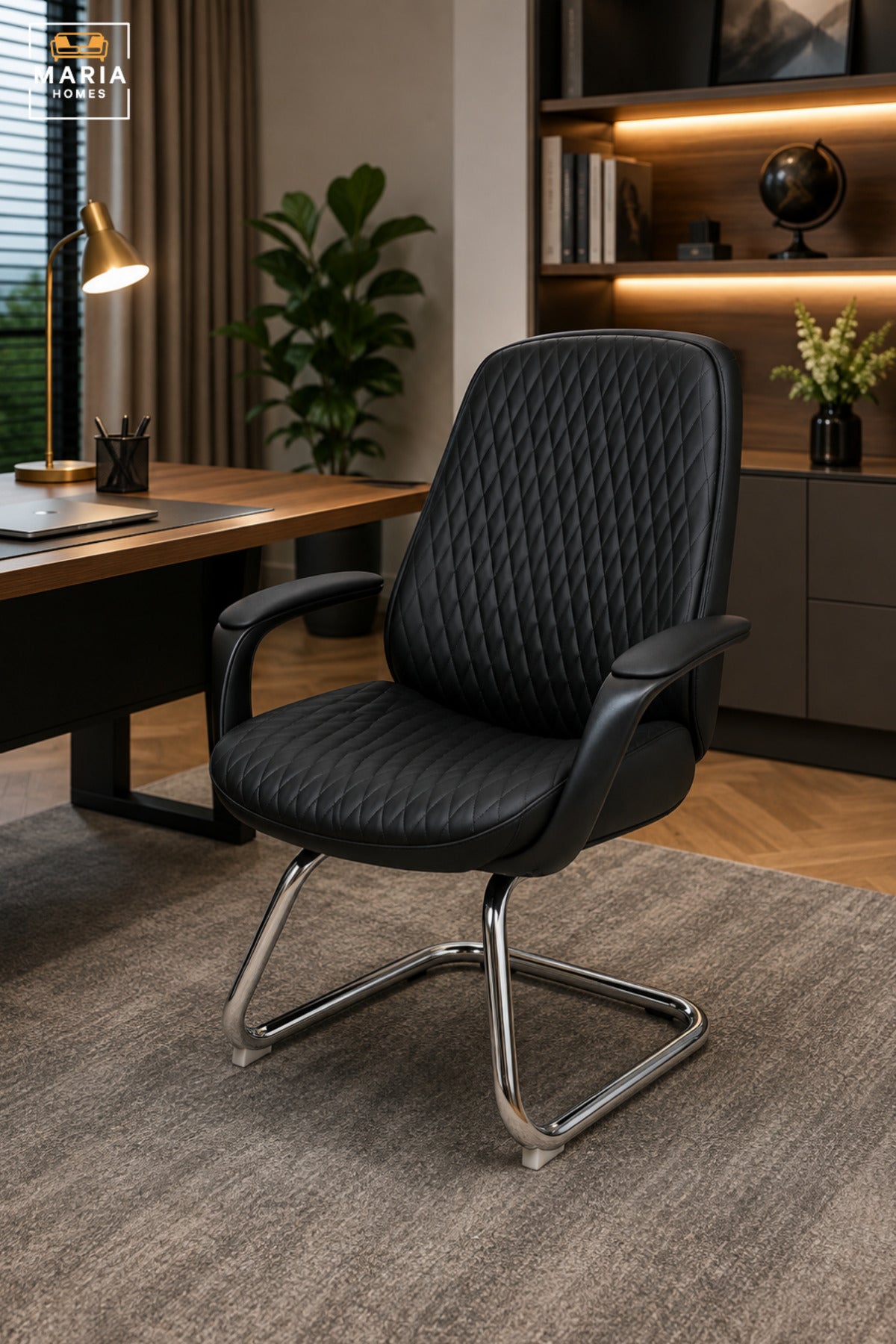 Modern Black Executive Visitor Office Chair with Diamond Quilted Backrest, Padded Seat, Armrests & Chrome Cantilever Base for Reception Meeting Room