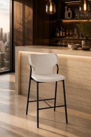 Modern Beige Upholstered Bar Stool with Black Metal Frame - Counter Height Chair for Kitchen