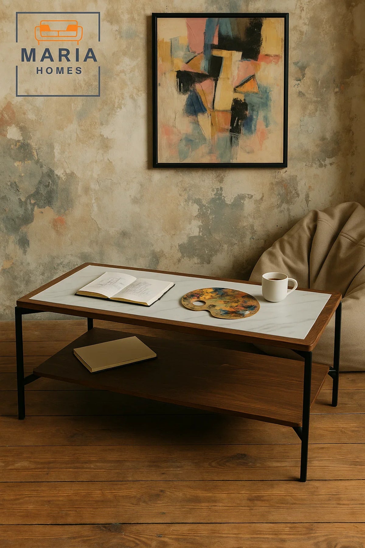 Modern Center Table 130x60x45cm Ð Marble Top Look with Wooden Shelf and Metal Frame for Living Room
