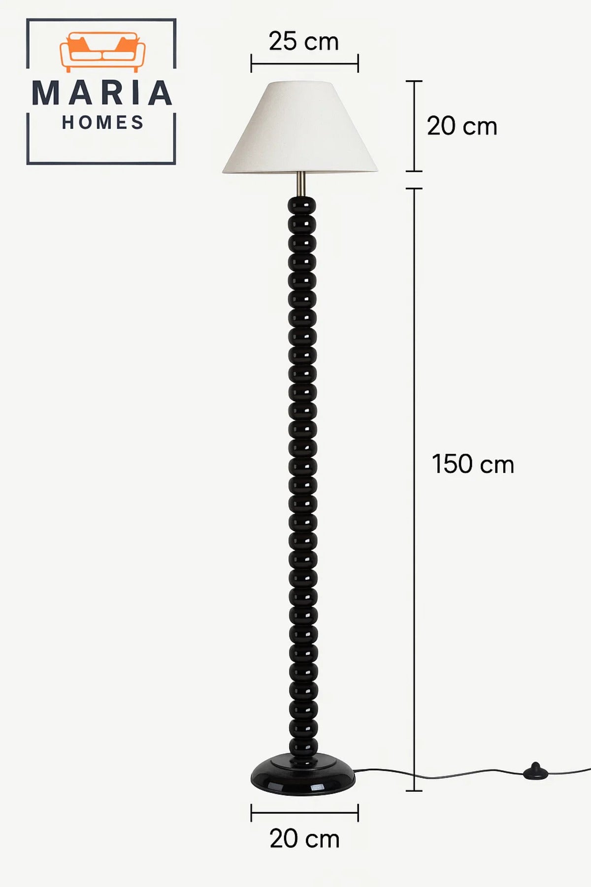 Glossy Black Beaded Floor Lamp with Cone Shade
