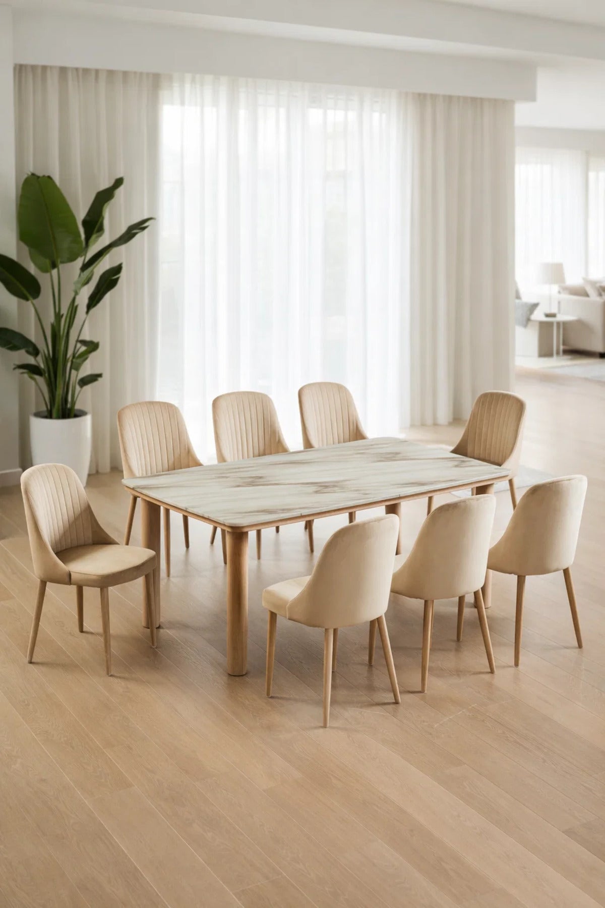 Elegant 9-Piece Dining Room Set with Marble Pattern Table and Eight Beige Velvet Upholstered Chairs