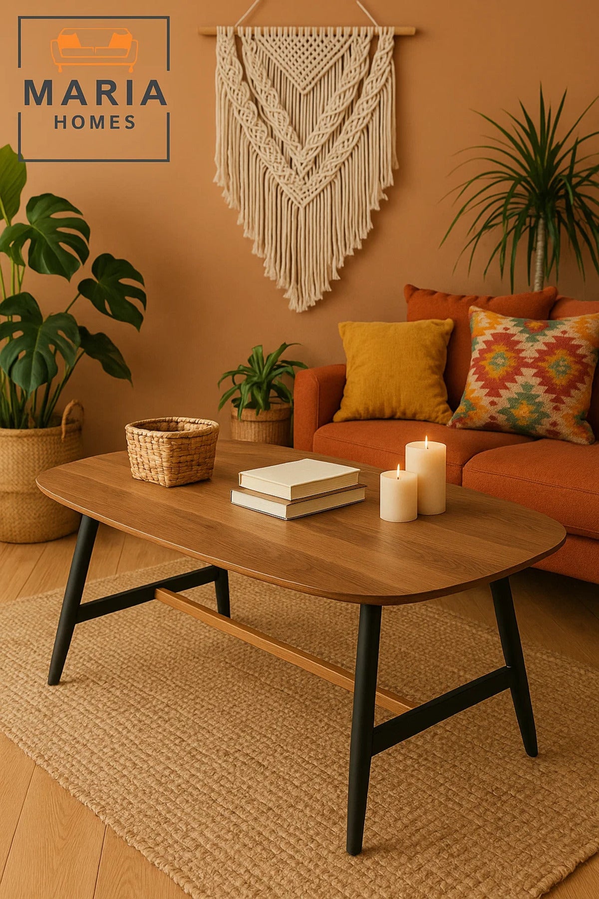 Wooden Center Table 120x60x45cm Ð Oval Coffee Table with Black Metal Legs for Living Room