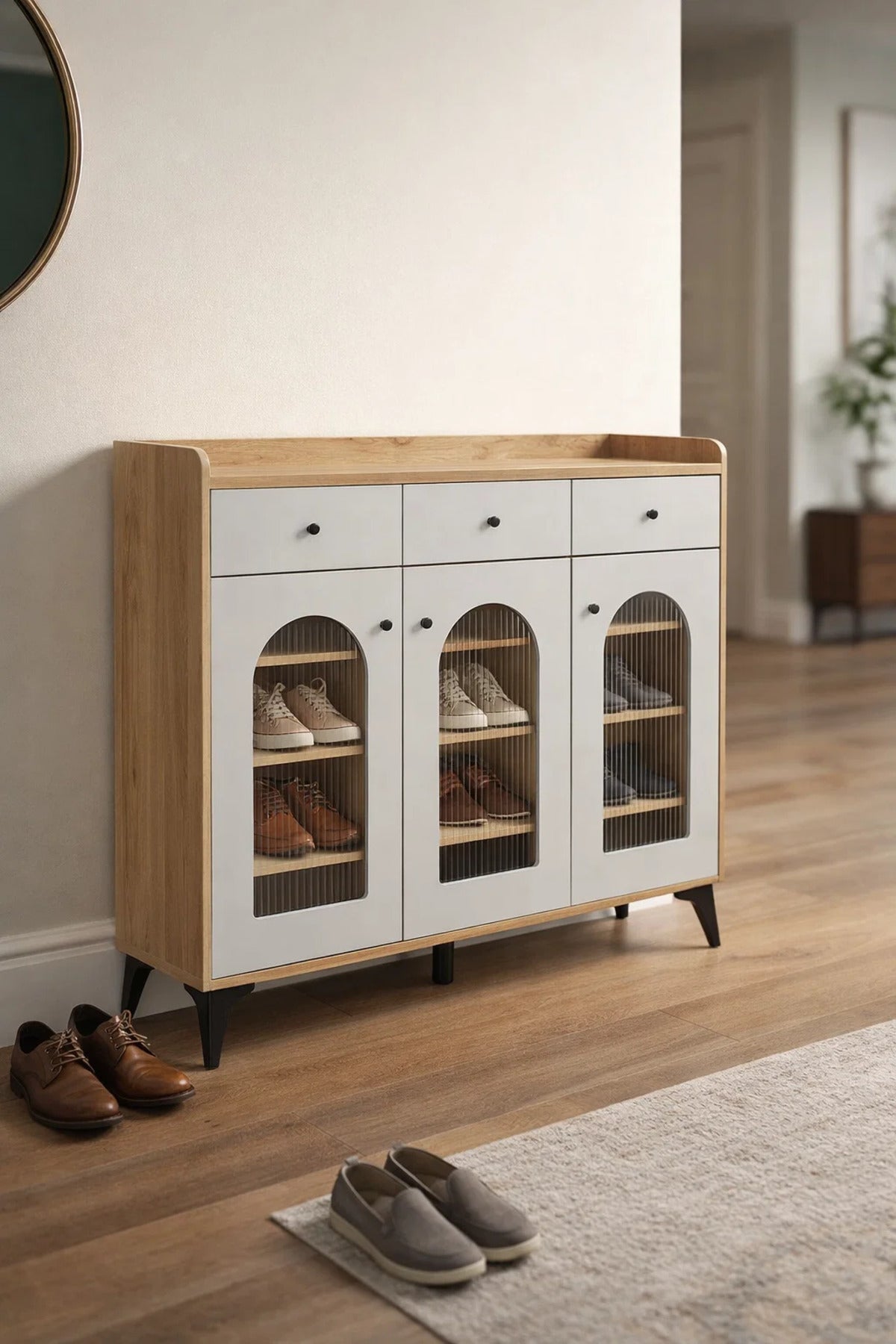 Elegant Wooden Shoe Cabinet Sideboard with Arched Glass Doors and Drawers for Hallway Storage