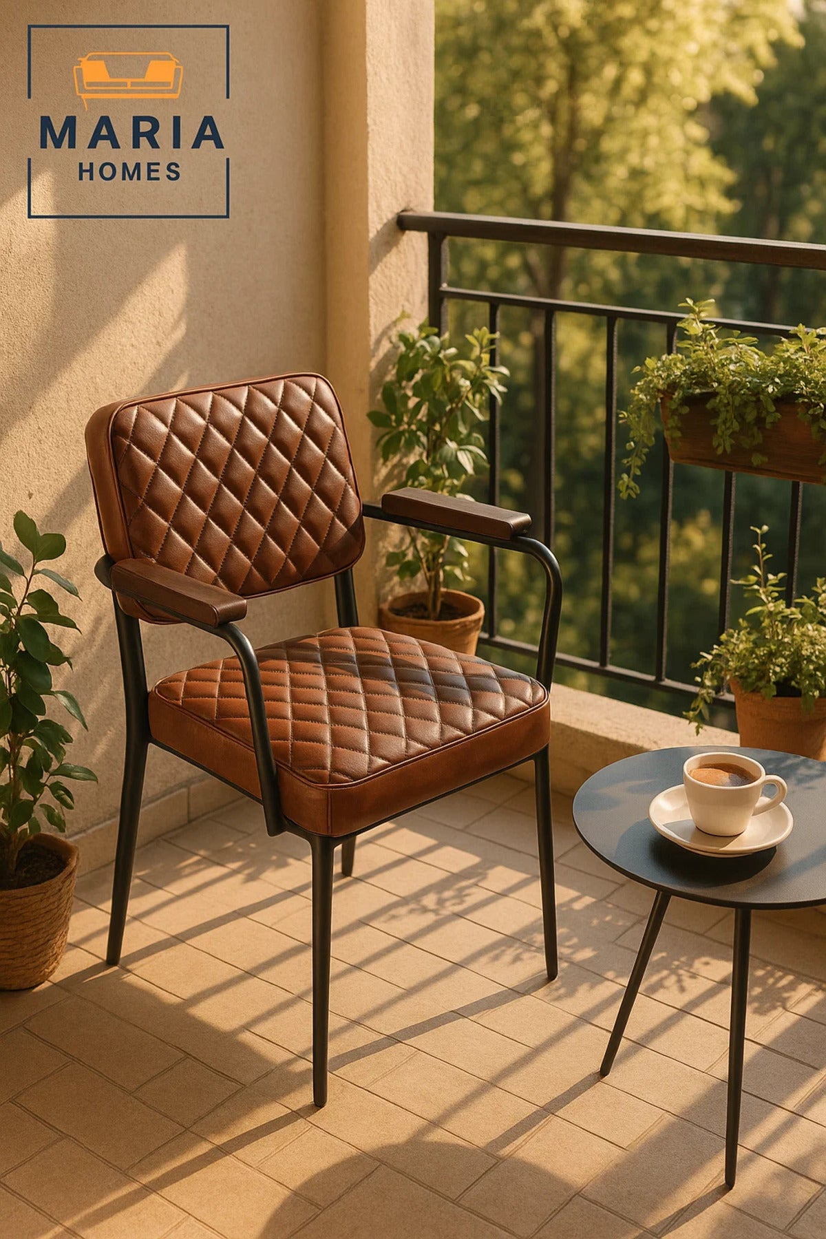 Modern Brown Leather Dining Chair Ð Quilted Accent Chair with Armrests and Black Metal Frame