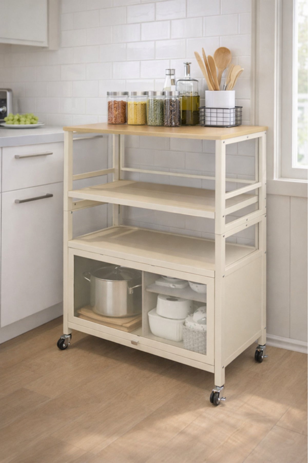 Multi-Tier Storage Shelf with Cabinet & Wheels 60_40_115 cm