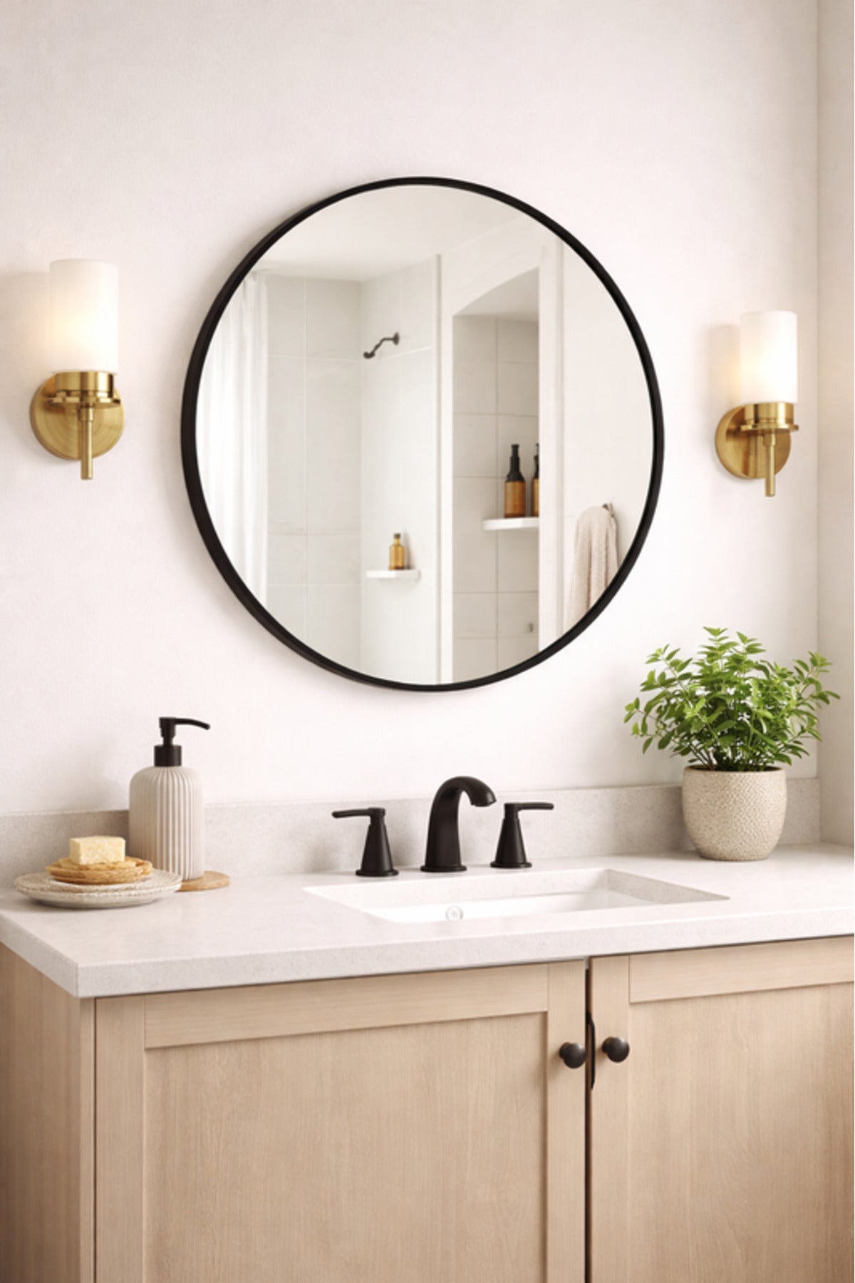 Modern Round Wall Mirror with Black Frame for Bathroom & Living Room