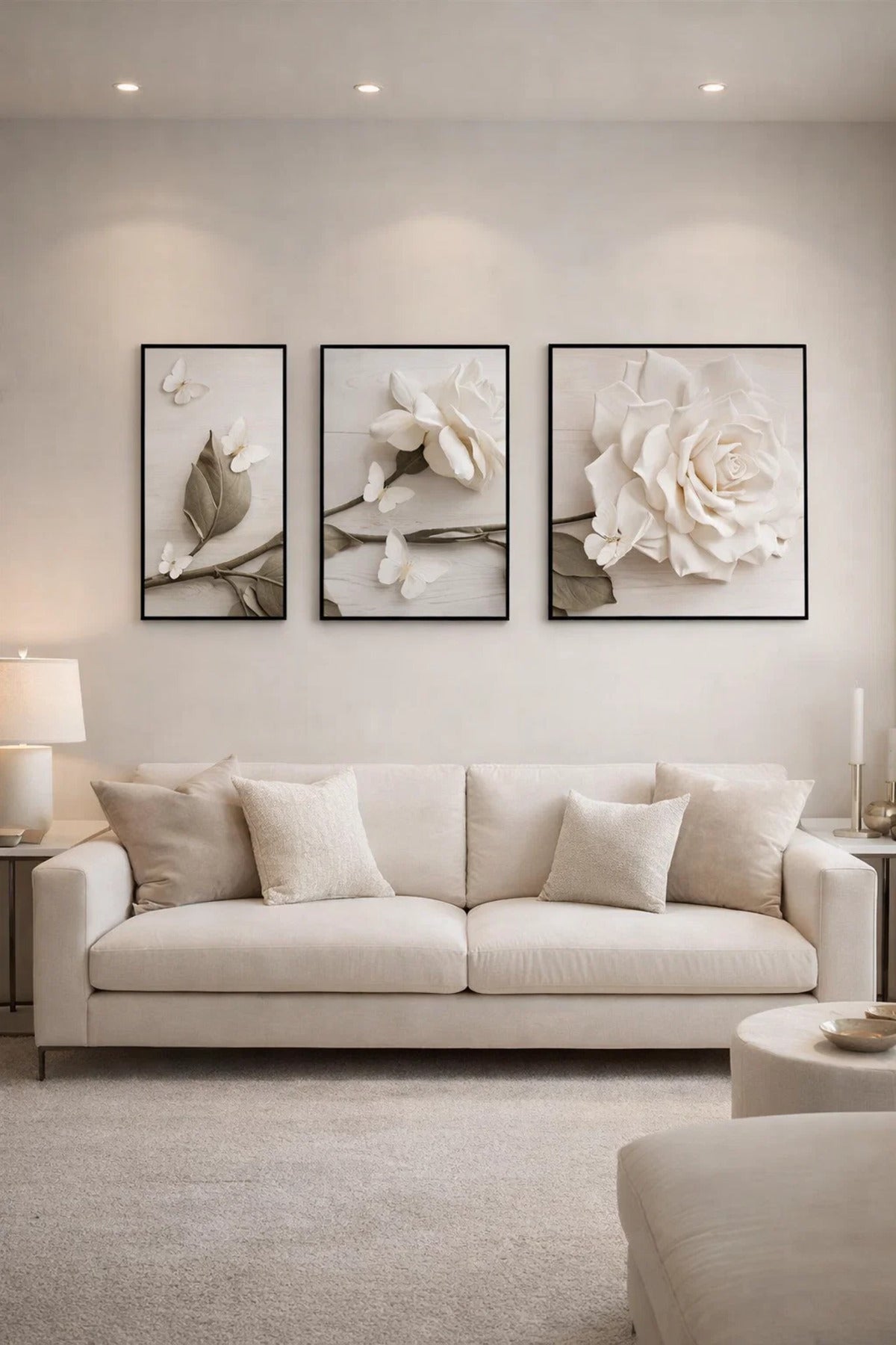 Modern 3D Effect White Rose Wall Art Canvas Floral Butterfly Painting for Home Living Room Decor