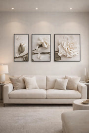 Modern 3D Effect White Rose Wall Art Canvas Floral Butterfly Painting for Home Living Room Decor