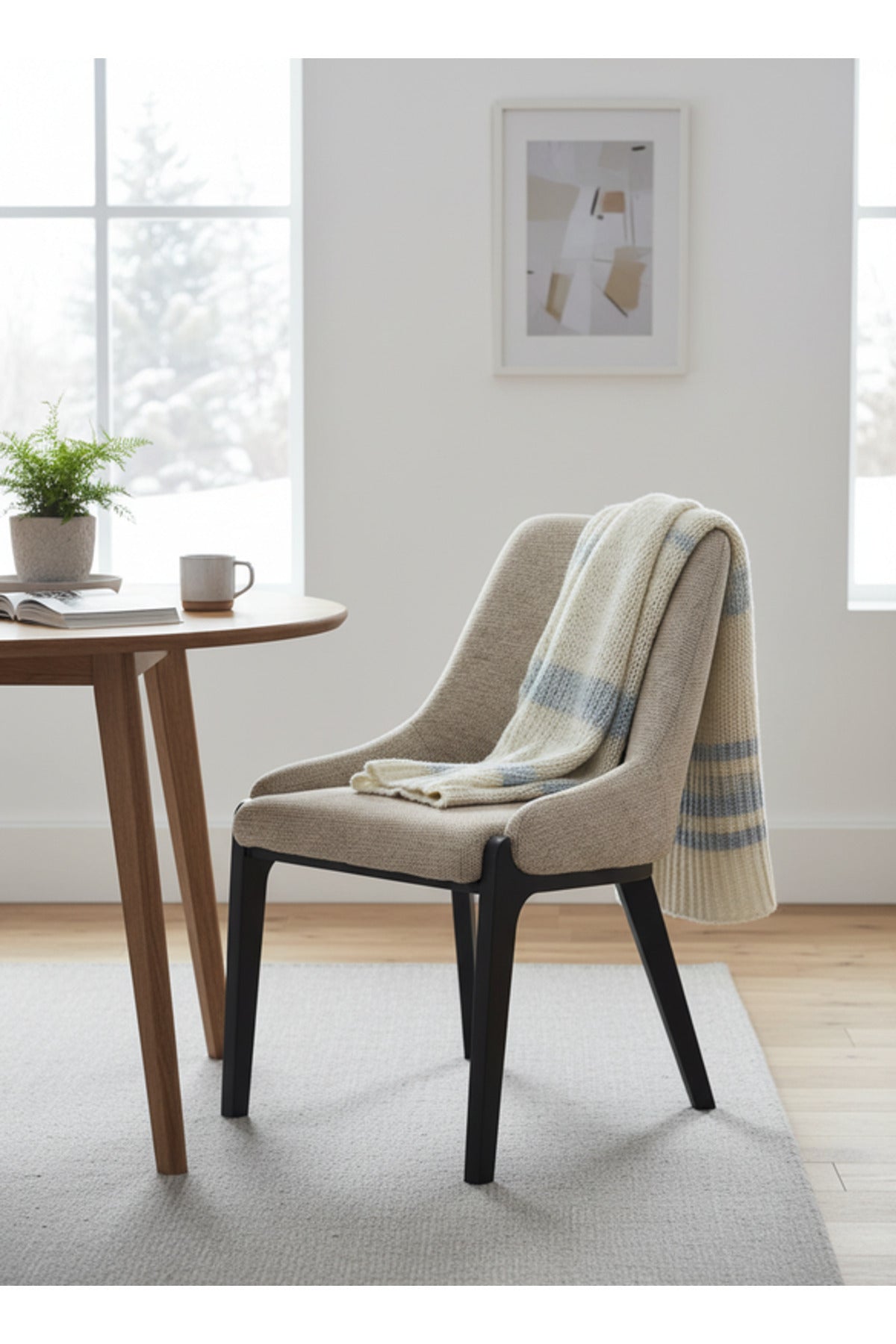 Modern Beige Fabric Dining Chair with Black Wooden Legs for Dining Room Seating