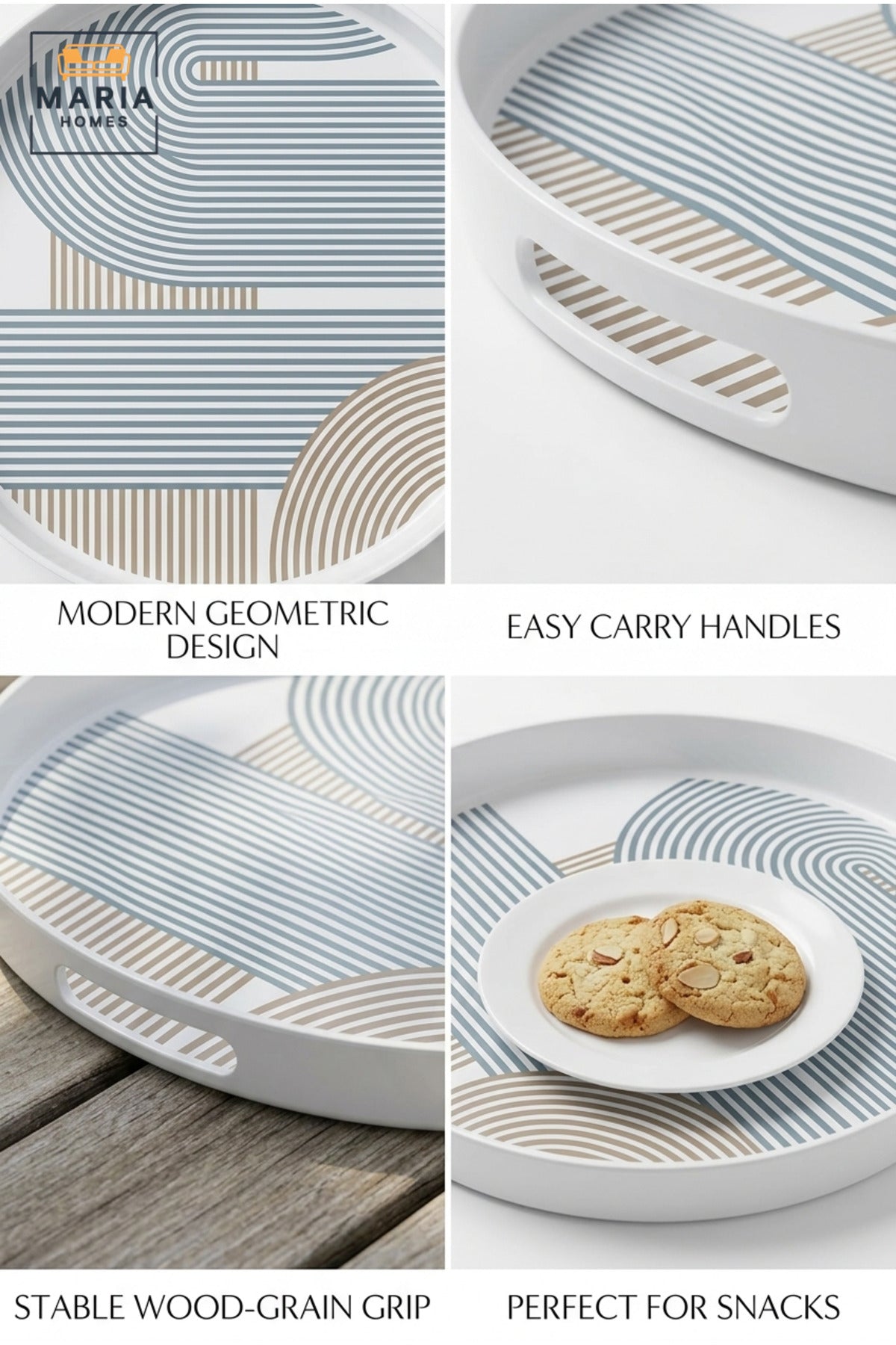 Round Serving Tray with Built-In Handles, Raised Rim and Geometric Pattern, Multipurpose Food and Drinks Tray for Kitchen, Dining, Café and Hotel