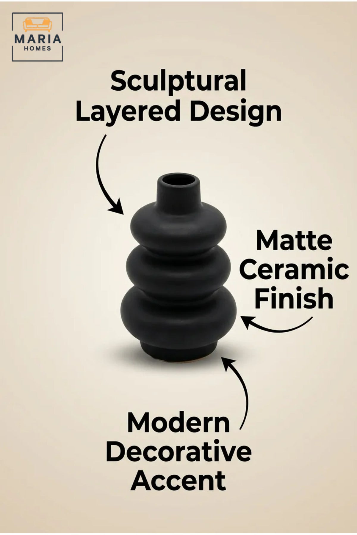 Black Sculptural Decorative Vase, Modern Stacked Ring Flower Holder for Dried Flowers, Living Room, Bedroom, Office, Shelf and Table Décor